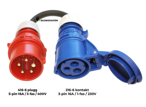 Charging cable adapter — 16A/3-phase red CEE plug (416-6) to 16A/1-phase blue CEE industry contact (216-6)